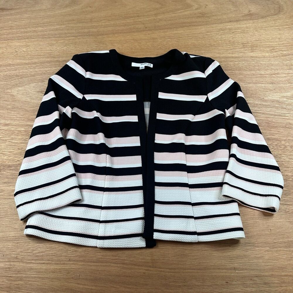 Studio One Striped Open Front Blazer Jacket Womens 4P Shoulder Pads Career